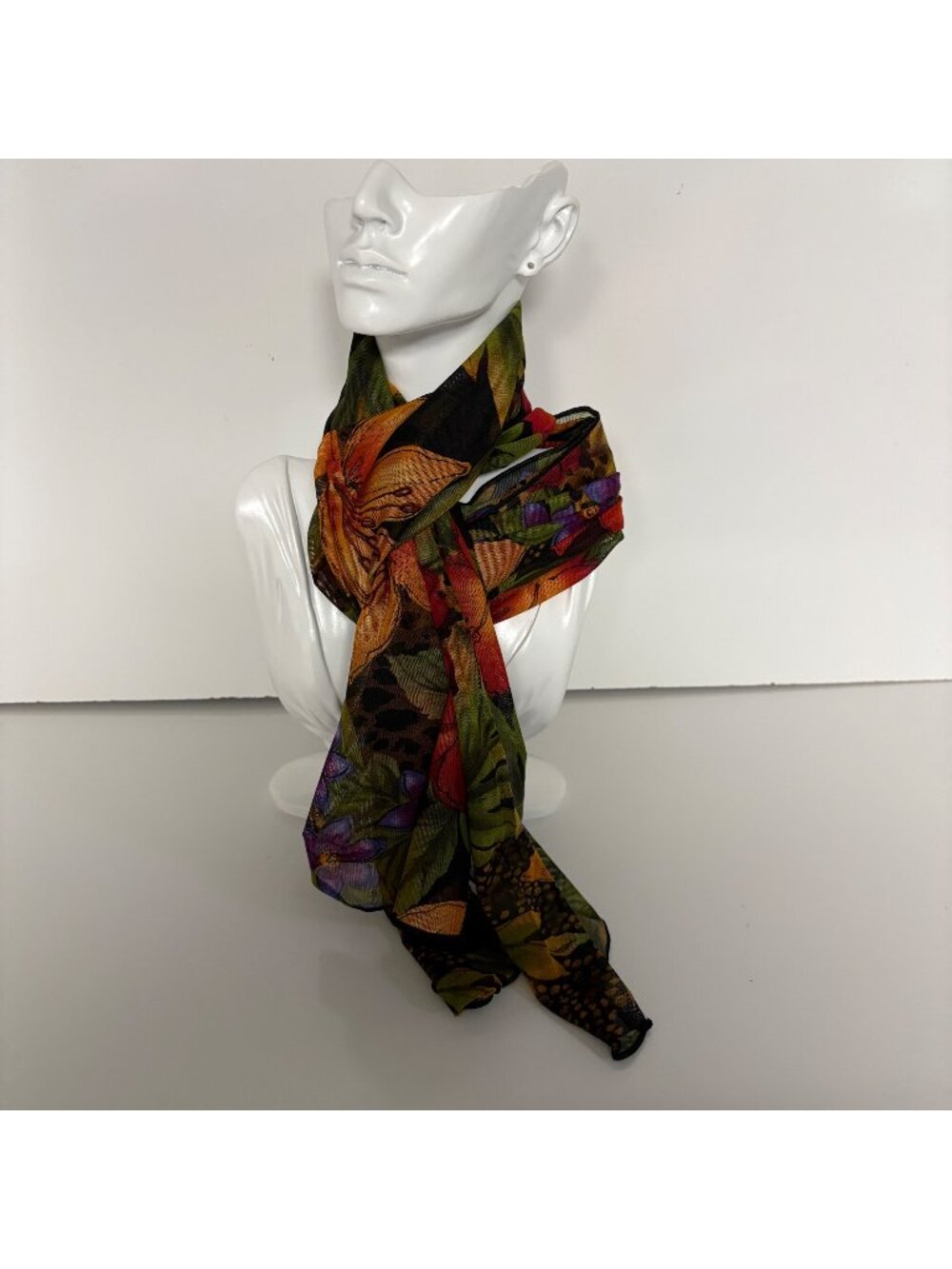 Longitude Chiffon Floral Scarf Colorful Flowers Leaves Tropical Garden